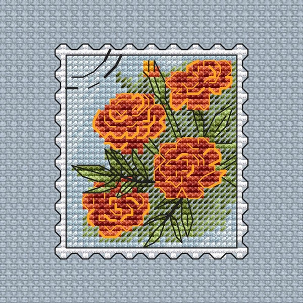 Marigold flowers Post stamp PDF cross stitch pattern - Marigold embroidery chart - Postage Stamp cross-stitch chart - Downloadable PDF chart