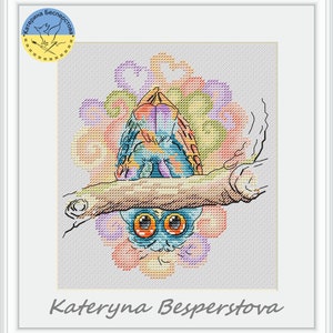 Opposite view PDF cross stitch patterns - Cute Owl Counted cross stitch chart - Modern Embroidery pdf chart - Owl Watercolor chart