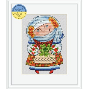 Darinka Kreuzstich - Lustiges ukrainisches Mädchen PDF Kreuzstichmuster - Ukrainische Folklore-Stickerei pdf - Kleeblatt Diagramm - Frau Diagramm
