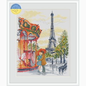 Rendezvous in Paris PDF cross stitch patterns - Charming Paris counted cross stitch - Paris France Eiffel Tower City Scene - Carousel chart