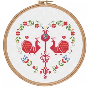 Patron PDF de style folklorique Floral Heart - Point de croix compté - Patron primitif