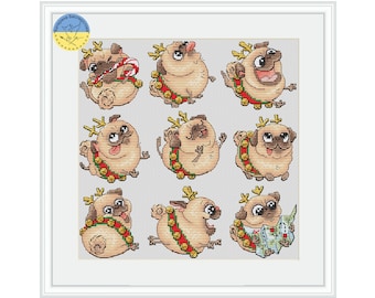 Christmas pugs PDF cross stitch pattern dogs - Dog Lover Gift - Santa Claus's reindeer counted pdf chart - Cute Little pugs xstitch