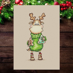 Cute Christmas Deer with ginger cookies PDF cross stitch pattern - Funny Elk  x-stitch chart - Deer counted pdf pattern - Happy New Year