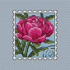 Roze pioenbloem PDF kruissteekpatroon - Postzegelborduurwerk - Pioenrozen bloemen kruissteek - Pioenrozen geteld grafiek - Postzegel