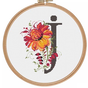Letra floral J - Patrón de monograma de punto de cruz J - Estilo tradicional popular - Patrón PDF - Gráfico de punto de cruz contado con monograma de flores