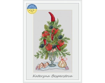 Christmas tree in kitchen PDF cross stitch pattern -  Christmas tree decoration cross stitch - Cozy Winter embroidery - Kitchen cross stitch