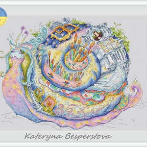 Snail the Artis PDF cross stitch pattern - Funny Snail counted cross stitch - Fantasy Snail embroidery - Magic Snail chart - gift for artist