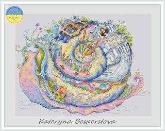 Snail the Artis PDF cross stitch pattern - Funny Snail counted cross stitch - Fantasy Snail embroidery - Magic Snail chart - gift for artist