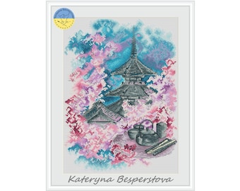 Sakura scent PDF cross stitch patterns - Cherry Blossom Mountain counted cross stitch - Sakura cross stitch - Japanese Landscape