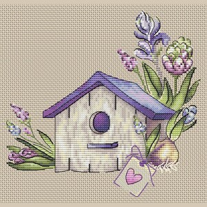 Birdhouse with hyacinths PDF cross stitch patterns - Spring counted pdf chart - Lilac flowers embroidery pattern - Spring love x-stitch