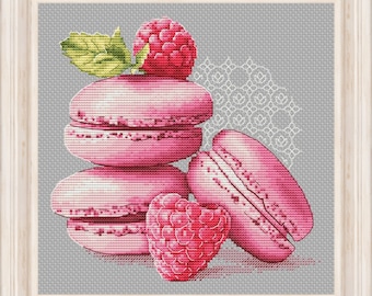 Raspberry macarons PDF cross stitch pattern - Strawberry counted cross stitch pattern - Sweet tooth embroidery pdf - Kitchen chart