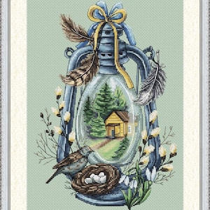 Spring Lantern - PDF kruissteekpatroon - Sweet Home lichten geteld pdf-diagram - Vogels Natuur borduurwerk - Seizoenen geteld pdf-diagram