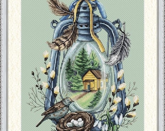 Spring Lantern - PDF cross stitch pattern - Sweet Home lights counted pdf chart -  Birds Nature embroidery - Seasons counted pdf chart