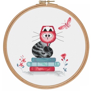 Funny Grey Cat and glass of wine - PDF cross stitch pattern - Cat Lover Gift