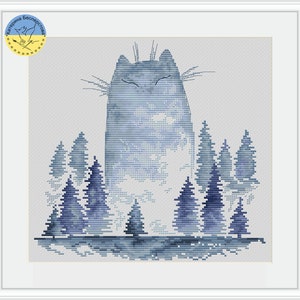 Cat in a  fog forest with PDF cross stitch pattern - Cute Cat cross stitch - Cat Lover Gift - Cat & fog counted pattern - forest embroidery