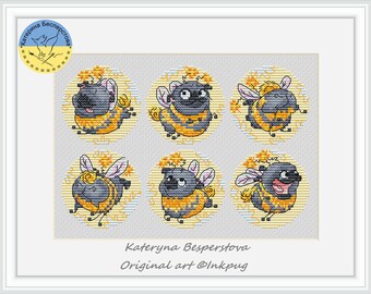 Grey pugs bees sampler  - PDF cross stitch pattern funny dogs - Dog Lover Gift - Pets - Cute grey pugs sampler chart