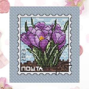 Purple Crocus Post sello PDF patrón de punto de cruz - Bordado de flores - Gráfico de punto de cruz del sello postal de primavera - Gráfico PDF descargable
