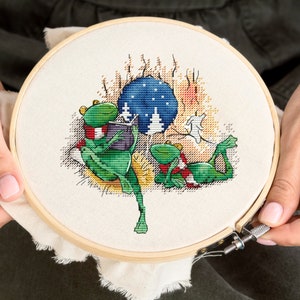 Leuke kikkers PDF kruissteekpatronen - Kikkerpaar geteld diagram - Grappig kikkers borduurwerk - Winter gezellige avond xstitch patroon - Seizoenen