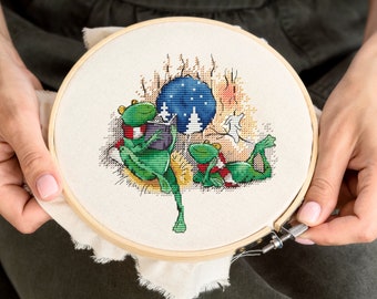 Ranas lindas PDF patrones de punto de cruz - Gráfico contado de pareja de ranas - Bordado de ranas divertidas - Patrón xstitch de noche acogedora de invierno - Estaciones