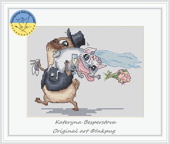 Pugs wedding PDF cross stitch pattern - Honey moon present counted chart - Dog Lover Gift - Pets - Funny dogs - Cute pugs