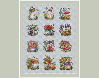 Sampler Garden miniatures PDF grille point de croix - Sampler Gardener grille point de croix compté - Mini grilles point de croix