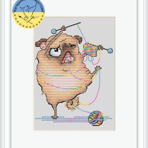 May include: A cross-stitch pattern of a brown pug dog tangled in colorful yarn with a ball of yarn on the floor. The pattern is titled "Katerina Besperstova".