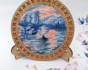 Tiny PDF cross stitch pattern - Impression Soleil levant Claude Monet embroidery - Miniature counted pdf chart - Mini pattern Claude Monet