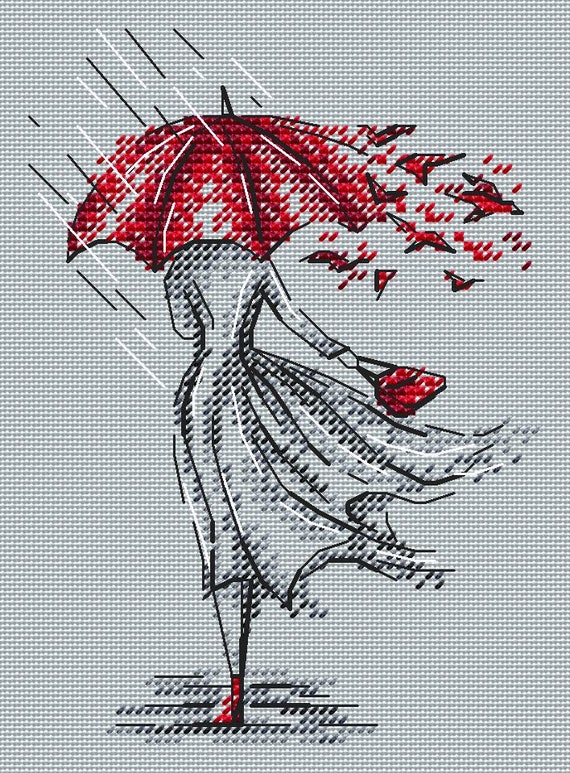 Un divertido dibujo de lluvia y una niña con paraguas. Patrón de punto de  cruz simple Instrucciones de bordado. -  España