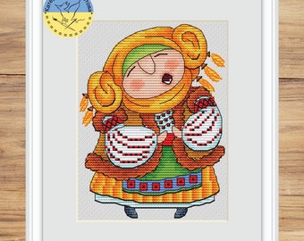 Folk girl singing Carol of the bells cross stitch - Funny Ukrainian woman counted chart - Ukrainian Folk Style embroidery pdf  - Woman chart