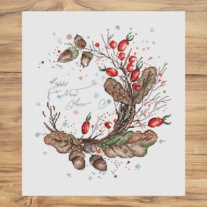 Rosehip and acorns PDF cross stitch pattern - Winter wreath perfect for pillow x-stitch chart - Happy New Year counted pdf chart