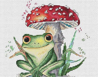 Cute Frog - PDF cross stitch patterns - Amanita muscaria counted cross stitch pattern - Frog and Mushroom cross stitch chart