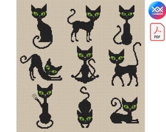 SET: 9 black cats PDF cross stitch pattern - Funny black cat - Cats Lover Gift - Cute funny black cat - Black Cat embroidery - Primitive