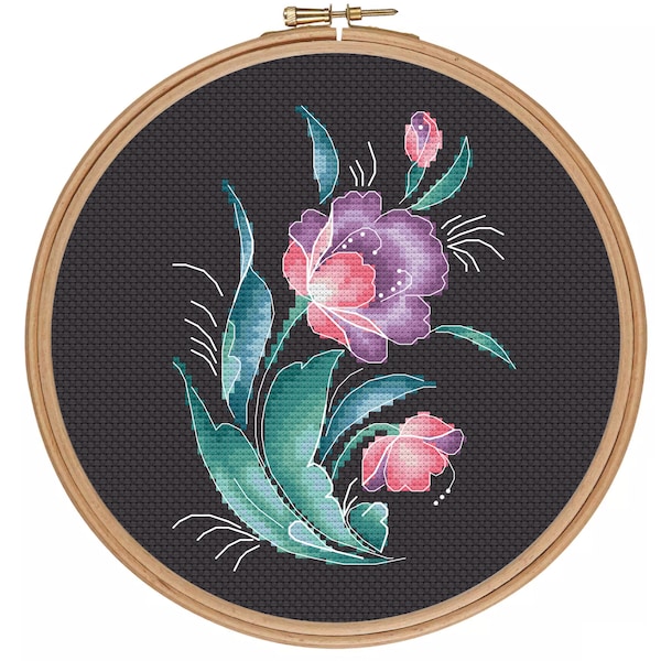 Folk Flower - Zhostovo style - PDF cross stitch pattern - Primitive pattern