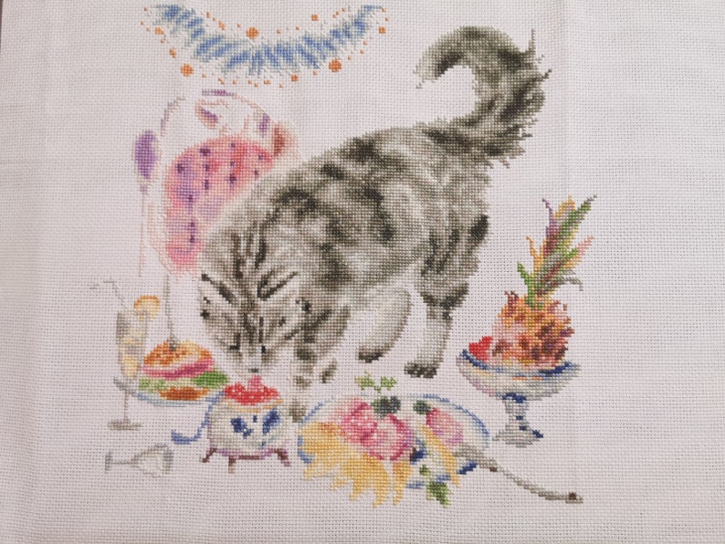 Cat on Table PDF Cross Stitch Pattern - Grey Cat Embroidery - Kitchen ...