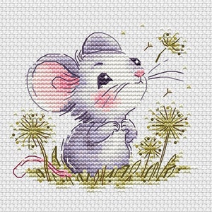 Schattige kleine muis met paardebloemen - pdf-muizenpatroon kruissteek Muizencollectie Kruissteken Dieren Borduurwerk Decor Babymotief