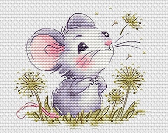 Cute Little mouse with Dandelions - PDF cross stitch mice pattern  Mouse collection Cross Stitching Animals Embroidery Decor Baby Motif