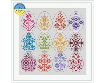 SAMPLER Happy Easter PDF cross stitch pattern - Easter eggs counted cross stitch - Primitive embroidery pdf - Easter eggs chart