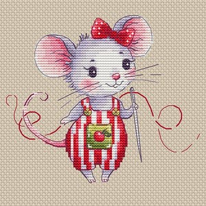 May include: Cross-stitch design of a mouse wearing red and white striped overalls and a red bow. The mouse holds a needle and thread, with a red apple on the overalls. The background is a beige fabric.