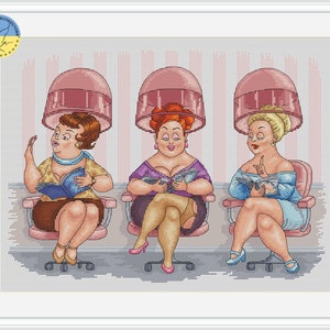 Beauty salon PDF Cross Stitch Pattern Me time embroidery chart - Beautiful Girls counted cross stitch - Women's hairdresser counted chart