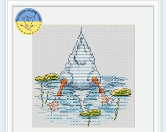 Funny duck PDF cross stitch pattern - Duck in water counted cross stitch - Funny tail embroidery chart
