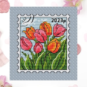 Tulipanes rosados Sello postal Patrón de punto de cruz PDF - Gráfico de bordado de flores - Gráfico de punto de cruz de sello postal de primavera - Gráfico PDF descargable