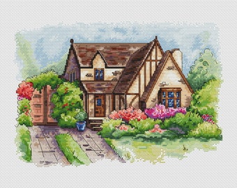 Beautiful Cottage PDF cross stitch patterns - Flower cottage in flowers - Country house - Green Village cross stitch chart - House counted
