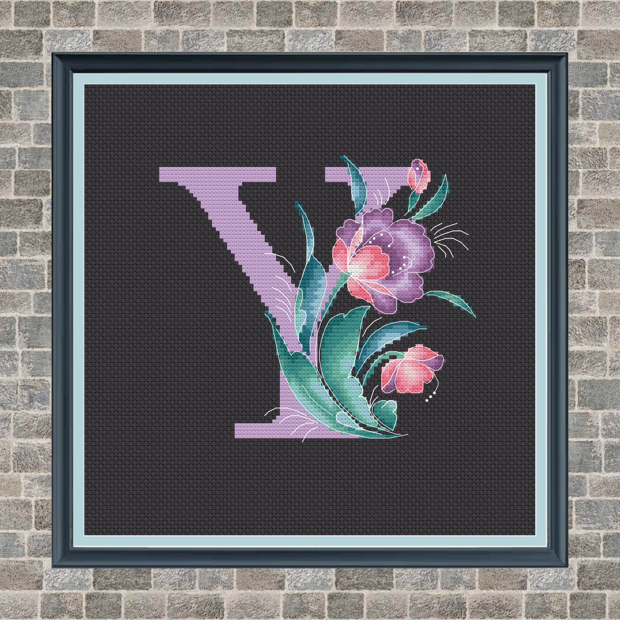 PDF pattern Floral letter Y Blue Flower monogram counted cross stitch chart Folk Traditional style Cross stitch Monogram pattern Y