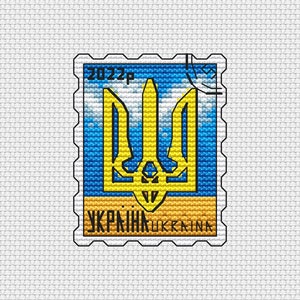 May include: A blue and yellow postage stamp with the Ukrainian coat of arms, a trident, and the text "2022" and "УКРАЇНА UKRINA".