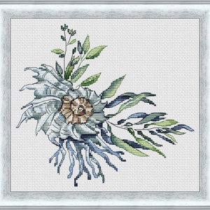May include: Cross stitch pattern featuring a blue and green floral design with a brown center. The design is framed in a white frame.