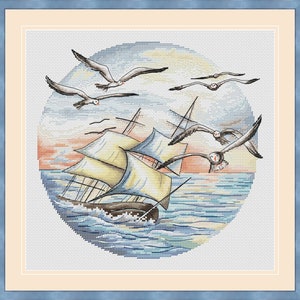 Fair Wind - Padrão de ponto cruz em PDF - Ponto cruz de veleiro - Gaivotas xstitch - Bordado de arco de pôr do sol rosa - Gráfico pdf contado de paisagem marítima