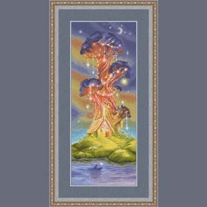 Magic Tree PDF cross stitch patterns - Magic Cottage counted cross stitch pattern - Fantasy House cross stitch chart