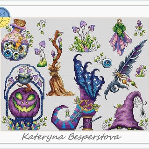 Halloween Witch sampler PDF cross stitch pattern - Halloween cross stitch chart - witch cross stitch - witch stuff cross stitch