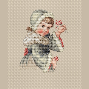 Winter retro Little Girl PDF kruissteekpatronen - Meisje met viburnumtak Getelde PDF-grafiek - Schattig klein meisje borduurwerk pdf-grafiek