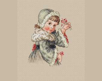 Modèles de point de croix PDF petite fille rétro d'hiver - Fille avec branche de viorne Tableau PDF compté - Tableau pdf de broderie mignonne petite fille